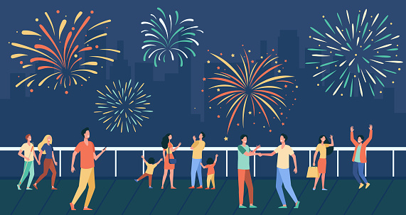 Happy people celebrating on city street and watching fireworks flat vector illustration. Cartoon crowd with kids looking at night sky. Cityscape and pyrotechnics concept