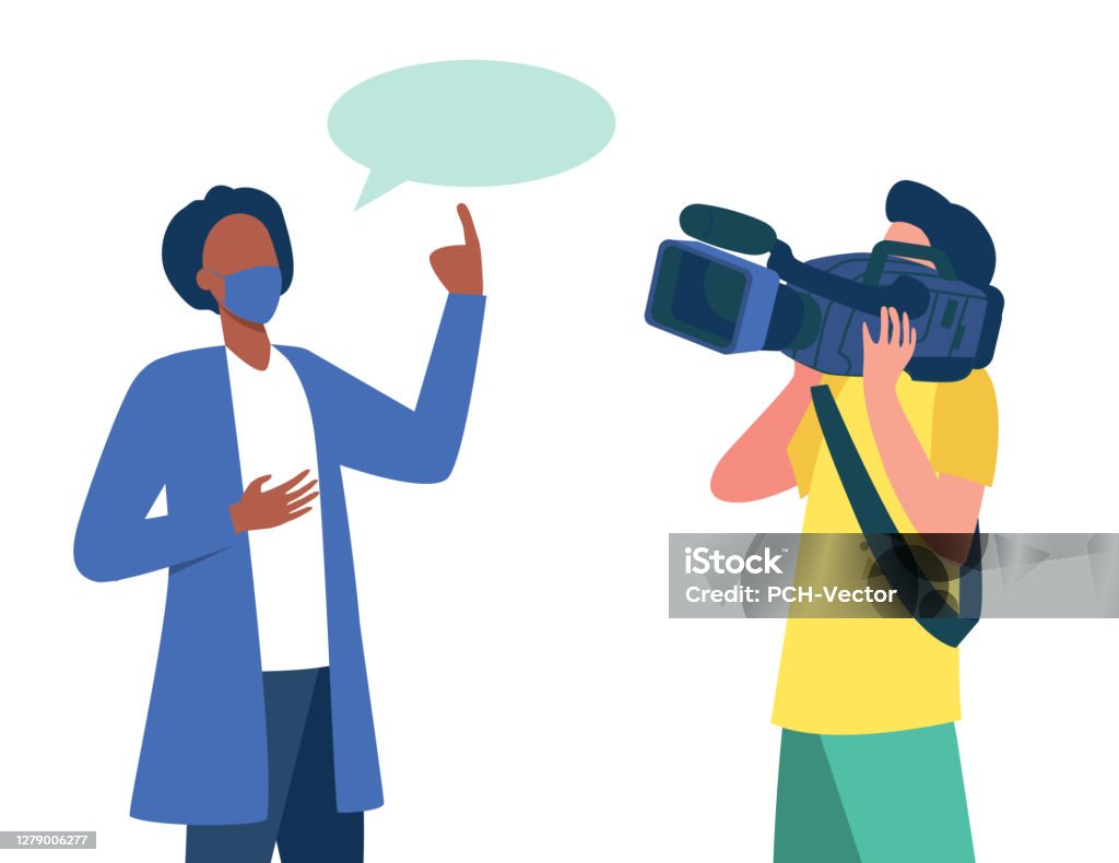 Doctor in medical coat and mask Doctor in medical coat and mask speaking at camera. Scientist, operator, cameraman flat vector illustration. Broadcasting, interview, covid concept for banner, website design or landing web page Coronavirus stock vector