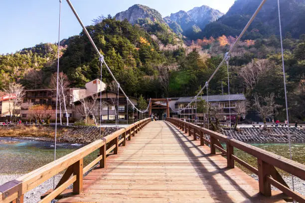 Kappa Bridge is a suspension bridge over the Azusa River in the center of Kamikochi  is located in the Hida Mountains,the Northern Alps of the Japan Alps.