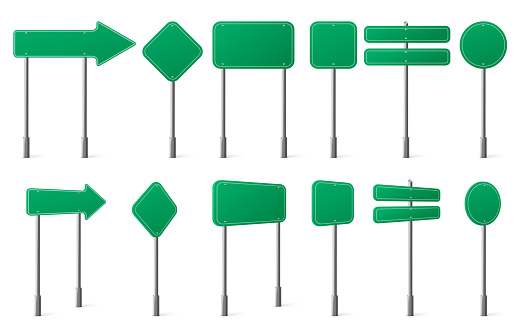 Green road signs different shapes on metal post front and angle view. Vector realistic set of blank traffic sign boards directions, location or notice on highway, city street or car road