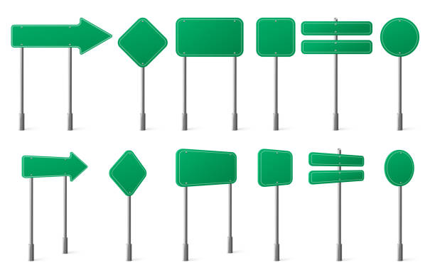 Green road signs different shapes on metal post Green road signs different shapes on metal post front and angle view. Vector realistic set of blank traffic sign boards directions, location or notice on highway, city street or car road street post stock illustrations