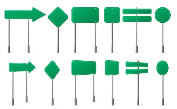 Vector illustration of Green road signs different shapes on metal post