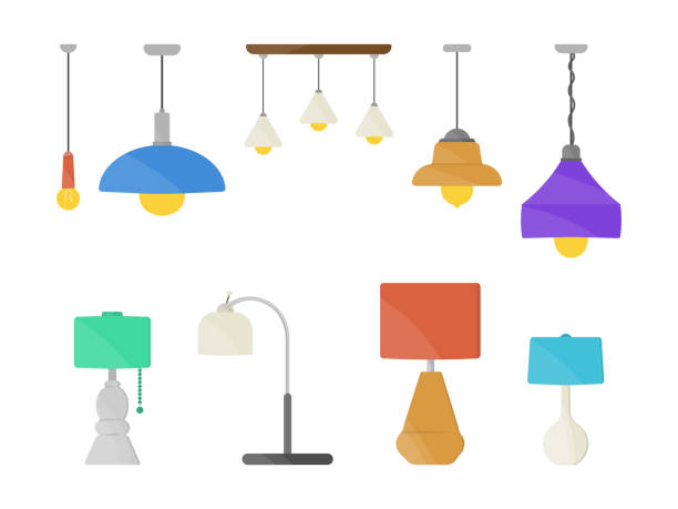 Lamp, chandeliers, flashlight. Furniture chandelier, floor and table lamp in flat cartoon style. Chandeliers, illuminator, flashlight isolated on white background. Home light with lamps icons. Vector illustration, eps 10. ceiling illustrations stock illustrations