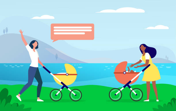 illustrations, cliparts, dessins animés et icônes de deux nouvelles mamans marchant ensemble - mother baby carriage women walking