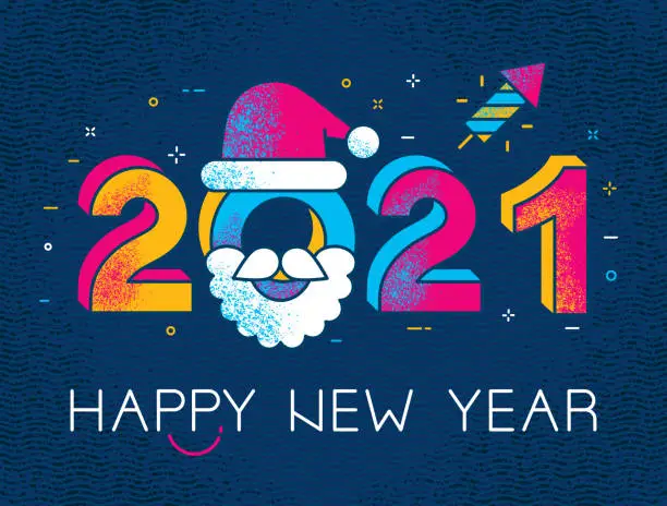 Vector illustration of Happy New Year 2021 Greeting With Santa And Rocket