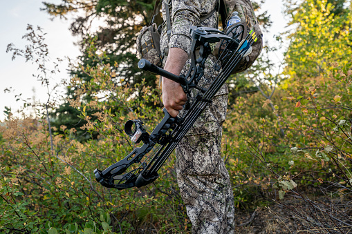 Close up, waist down shot of a hunter dressed in camouflage clothing holding a crossbow at his side while hunting elk in a forest at sunrise.