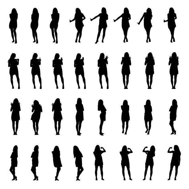 Silhouettes collection of woman with many different gestures, hitchhiking or counting with fingers. vector art illustration