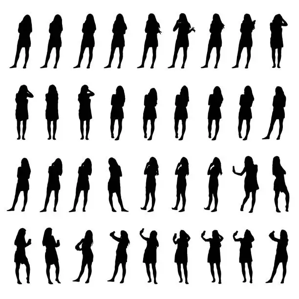 Vector illustration of Set of various women in shower towel using phone for selfies, taking photos or talking silhouettes