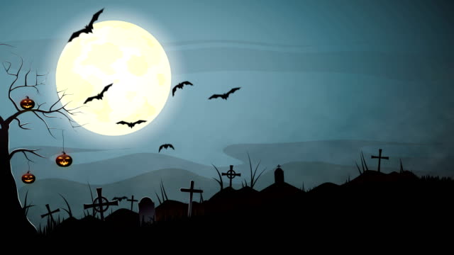 Halloween spooky background with bats and pumpkins on cemetery. 4k animation