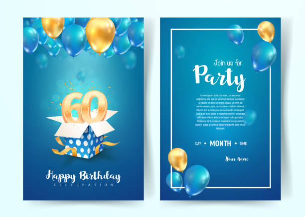 Celebration of 60th years birthday vector invitation card. Sixty years anniversary celebration brochure. Template of invitational for print on blue background Celebration of 60th years birthday vector invitation card. Sixty years anniversary celebration brochure. Template of invitational for print on blue background. number 60 stock illustrations