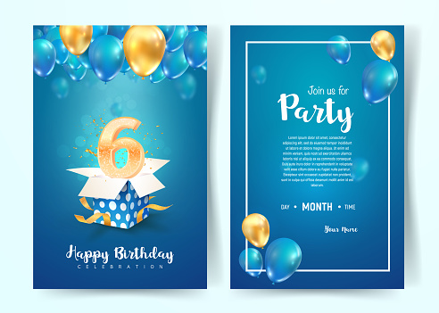 Celebration of 6 th years birthday vector invitation cards. Six years anniversary celebration. Print templates of invitational on blue background.