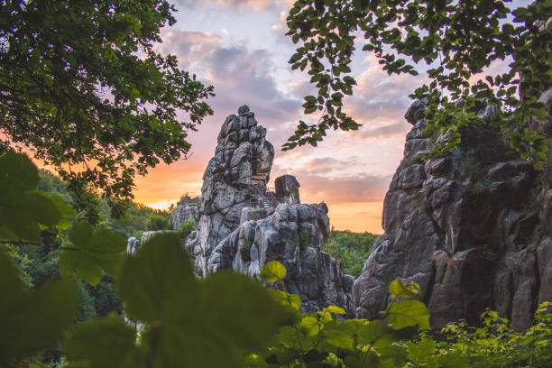 Famous sandstone rock formation located in the Teutoburg Forest, North Rhine Westphalia, Germany Externsteine paderborn photos stock pictures, royalty-free photos & images