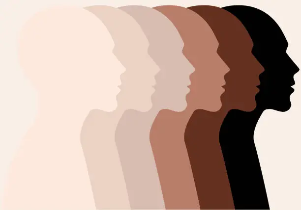 Vector illustration of Male faces, profile silhouettes, skin colors, vector