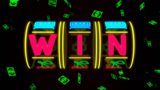 neon casino slot machine spinning, money flying after win combination. Illustration stock photo