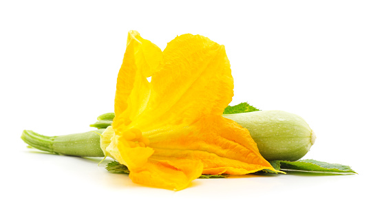 Courgette with leaves and flower isolated on a white background.