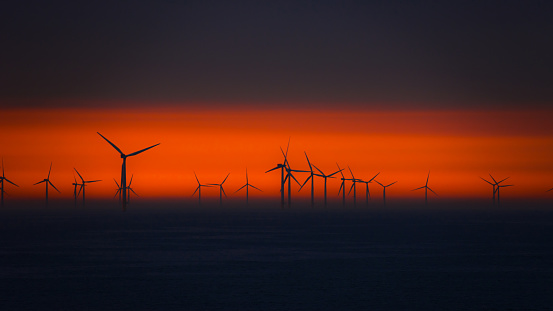 Wind turbines in the sunset on the North Sea