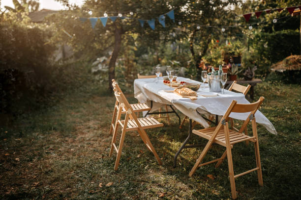istock Dining table with appetizers for birthday party at backyard 1279028790