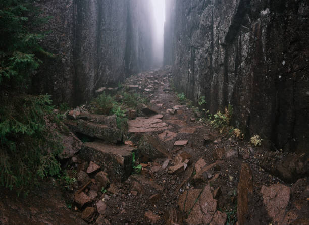 High cliffs on both sides at once leading away in foggy weather