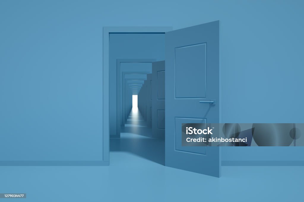 Open Doors, Decisions, Choices, Minimal Design 3d rendering of the open doors. Decisions and choices concept. Blue colors. Minimal design. Door Stock Photo