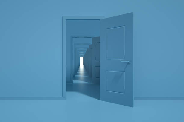 Open Doors, Decisions, Choices, Minimal Design 3d rendering of the open doors. Decisions and choices concept. Blue colors. Minimal design. doorway stock pictures, royalty-free photos & images