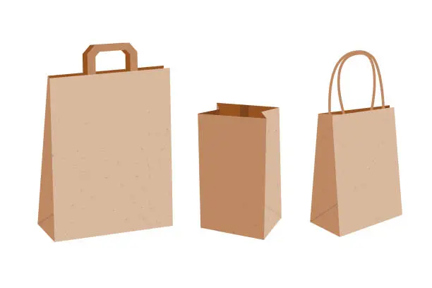 Vector illustration of Vector collection of three empty paper bags with handles and without.  Kraft package illustration isolated on white background.