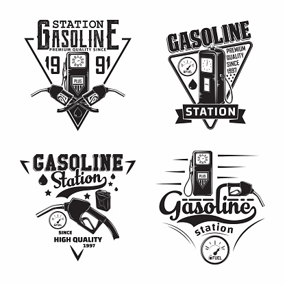 Set of Vintage Petrol station logo designs, emblems of gasoline station, Gas or diesel filling station typographyv emblems, print stamps with easy removable grange, Vector