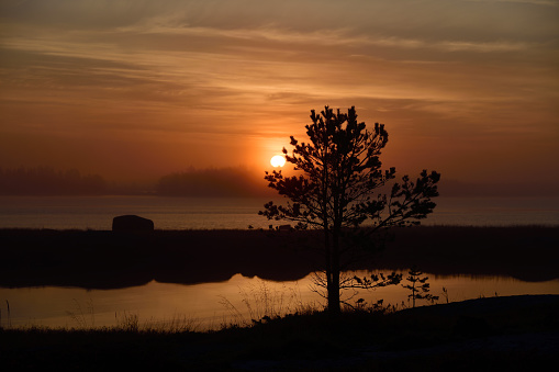 Beautiful landscape of the shore of the White Sea at sunrise. Onega Gulf, Karelia, Russia.