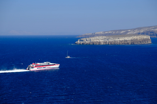 Minoan lines passenger boat on its way to Santorini island, Greece on Aug. 18, 2020