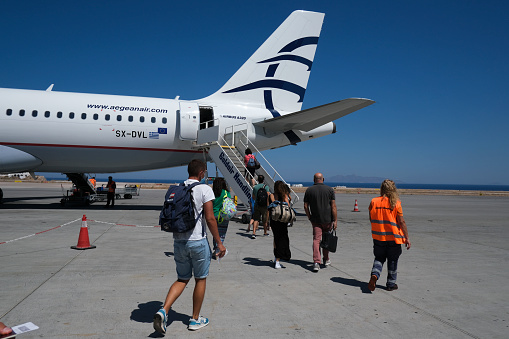 Aegean Airlines Airbus A320 at Santorini International Airport in  Greece on Aug. 19, 2020
