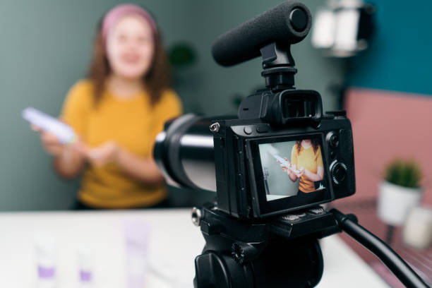 istock Screen of camera recording vlogger with products 1279047839