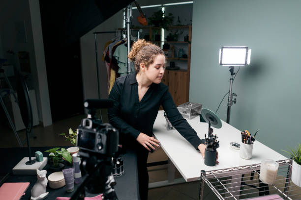 istock Young latin woman arranging table in studio 1279047961