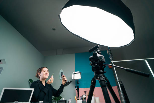 istock Happy female vlogger recording herself and smiling 1279047978
