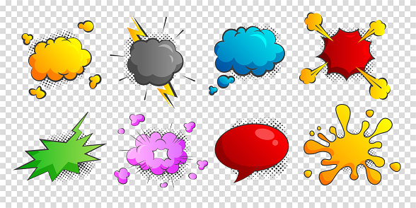 Vector set of blank or empty comic sound effects. Colorful comics speech bubbles for different phrases. Cartoon pop art and versus items template.