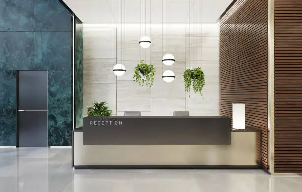 Modern and luxurious Offices lobby interior area with elevators and stairs. Long reception desk.
green marble wall tiles decoration. 3d rendering