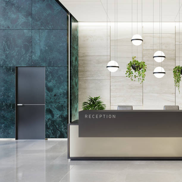 istock Modern Offices lobby interior area with elevators and stairs and with long reception desk 1279050246