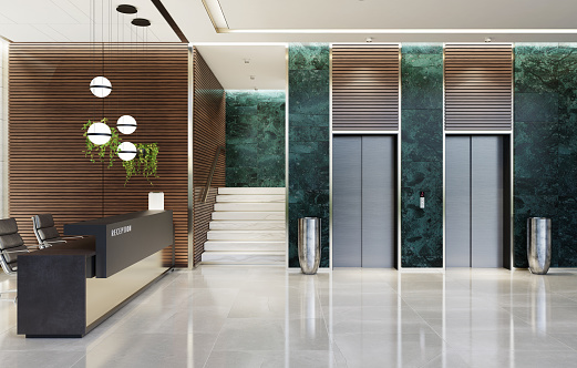 Modern and luxurious Offices lobby interior area with elevators and stairs. Long reception desk.\ngreen marble wall tiles decoration. 3d rendering