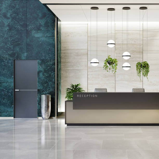 Modern Offices lobby interior area with elevators and stairs and with long reception desk Modern and luxurious Offices lobby interior area with elevators and stairs. Long reception desk.
green marble wall tiles decoration. 3d rendering gold desk lamp stock pictures, royalty-free photos & images