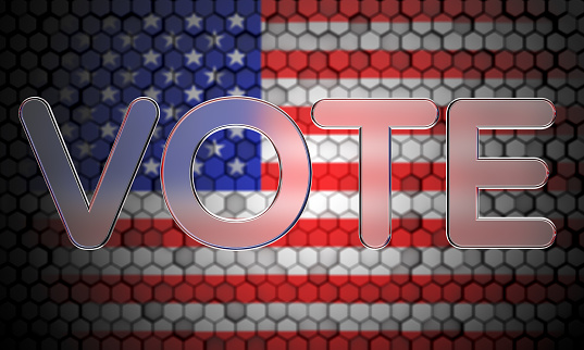 USA Vote. Text VOTE with American flag background. Voting rights and elections 3d illustration.