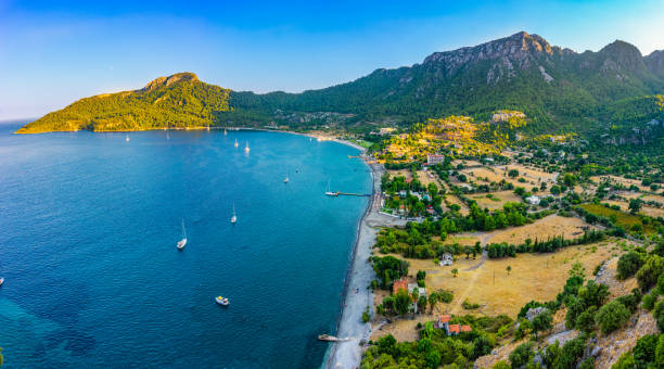 Aerial view from Marmaris, Kumlubuk beach, sea and mountain. Holiday and summer background. Amos Ancient city. Lycian way. Marmaris, Mugla Province, Summer, Sea, Beach, Mountain, Nature, High Angle View, Aerial View, Turkey - Middle East, Tourism marmaris stock pictures, royalty-free photos & images