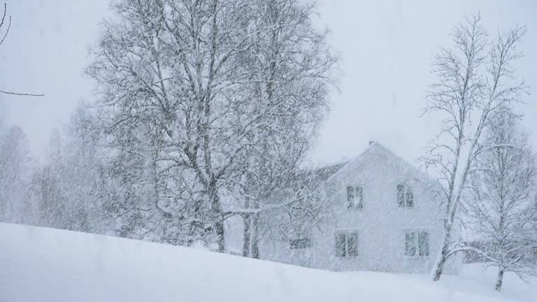 winter landscape with classic wooden house during hard snowfall at Norway countryside