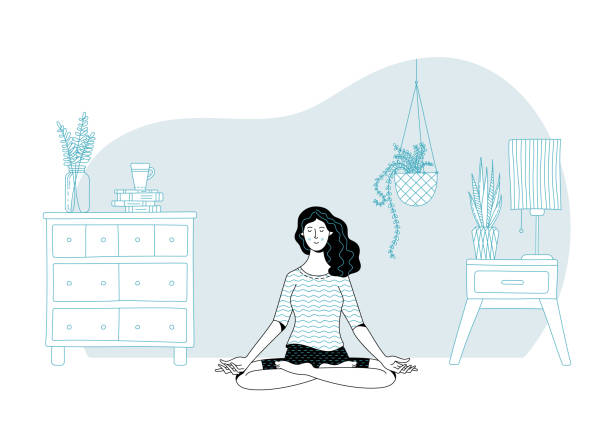 Psy02-47 Tranquil dark haired young woman practicing meditation in lotus position on floor in light room at home linear duotone illustration. Flat vector concept of positive thinking and mental balance meditation room stock illustrations