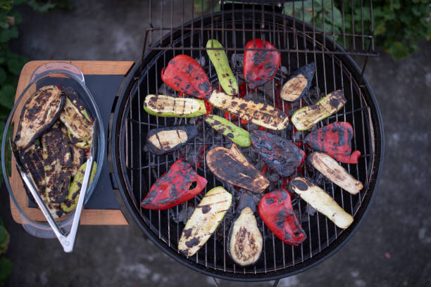Aerial view of vegetables on the barbecue outdoor.