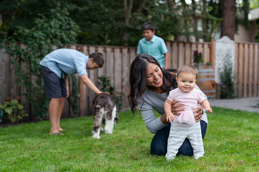 A gorgeous Eurasian mother is holding her baby daughter under her arms and helping her learn to walk. The woman's elementary age sons are playing with the family's dog in the background. They are outside in their backyard on a warm day.