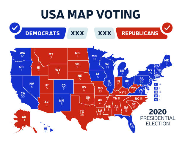 ilustraciones, imágenes clip art, dibujos animados e iconos de stock de mapa de resultados de las elecciones presidenciales de ee. uu. votación de mapas de ee.uu. mapa de elecciones presidenciales cada voto electoral estatal americano que muestra la infografía de vectores políticos republicanos o demócratas - map usa election cartography