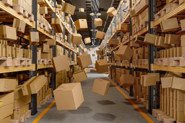 caixas de papelão em colapso e voando no armazém - warehouse box crate storage room - fotografias e filmes do acervo