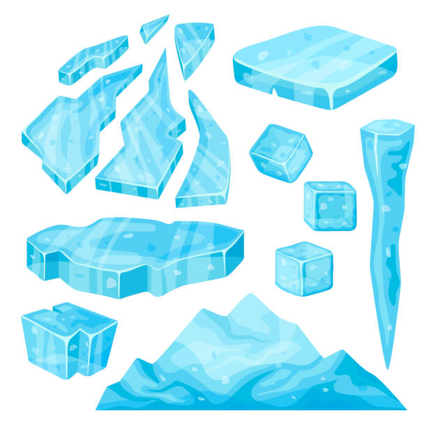 illustrazioni stock, clip art, cartoni animati e icone di tendenza di iceberg, ghiacciolo, cubetto di ghiaccio e pezzi rotti. set blocchi congelati freddi, oggetti innevati artici su sfondo bianco, scogliera ghiacciata e filo interdentale in stile cartone animato - icicle ice backgrounds melting