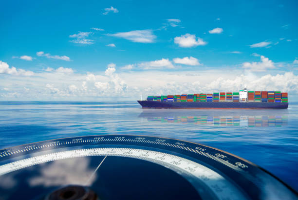 Compass on ship boat blue summer sea ocean day with bright sky. Marine cruise background banner.Shipping industry concept.