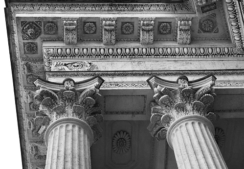 Fragment of the stone cornice of the colonnade of the Corinthian order, a work of art of classicism of the XIX century