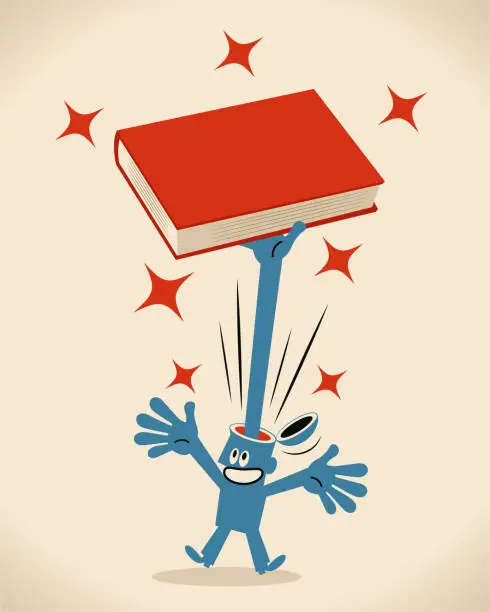 Vector illustration of Blue man's head opens and stretches out a hand holding a book