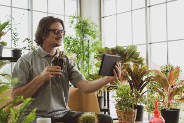 istock Senior man with digital tablet doing small tree online business at home, Retirement lifestyle concept 1279073902